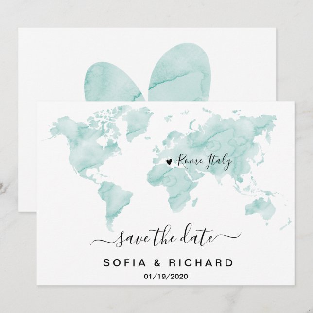 Wedding Destination Watercolor - Weltkarte Herzlic Einladung (Vorne/Hinten)