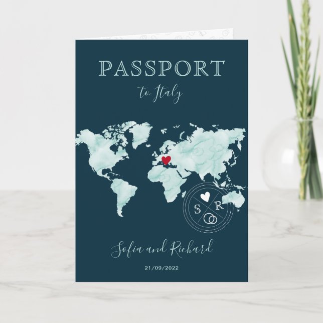 Wedding Destination Watercolor Weltkarte Pass Einladung (Vorderseite)