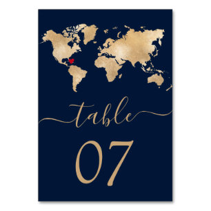 Wedding Destination World Map Heart Navy Tischnummer