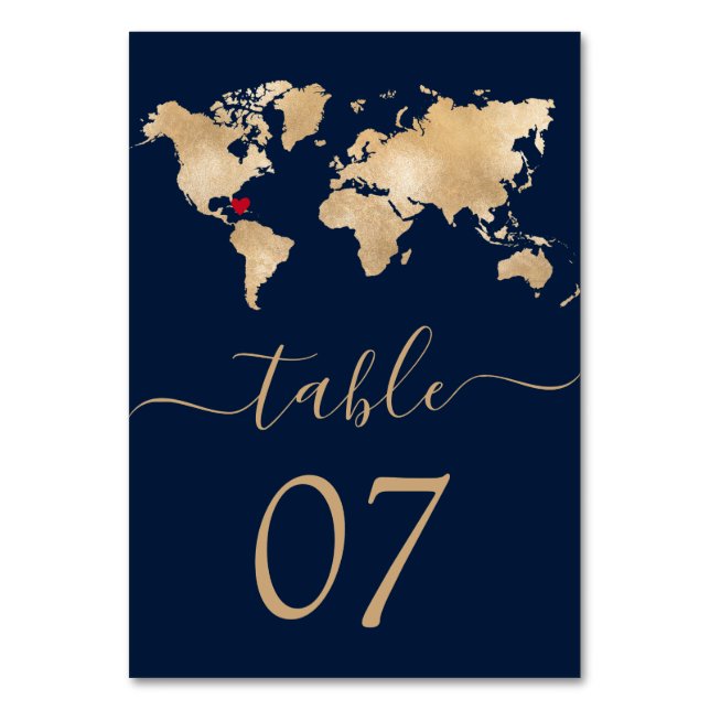 Wedding Destination World Map Heart Navy Tischnummer (Rückseite)