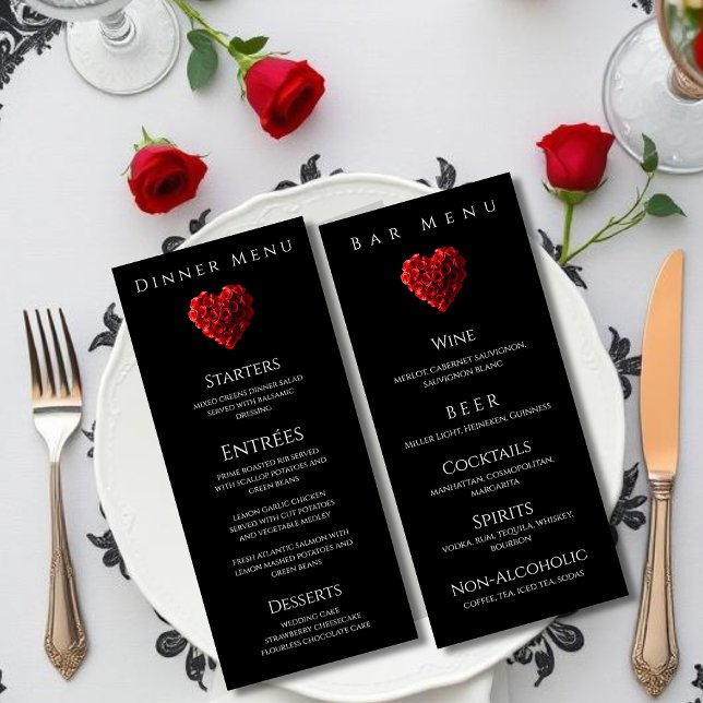 Wedding Dinner and Bar Menu-Heart Shaped Red Roses Menükarte (Wedding Dinner and Bar Menu-Heart Shaped Red Roses Menu)