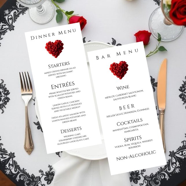 Wedding Dinner and Bar Menu-Heart Shaped Red Roses Menükarte (Wedding Dinner and Bar Menu-Heart Shaped Red Roses Menu)