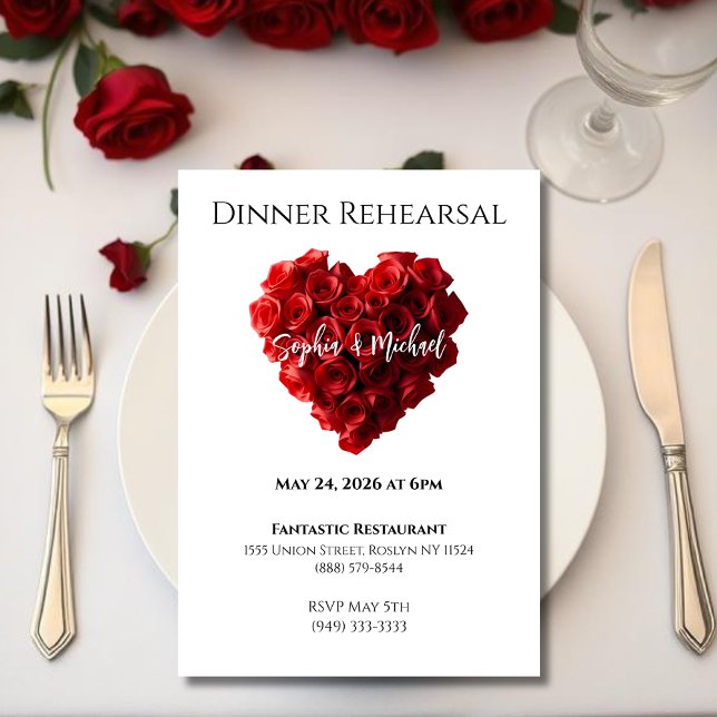 Wedding Dinner Rehearsal-Heart Shaped Red Roses- Einladung (Wedding Dinner Rehearsal-Heart Shaped Red Roses- Invitation)