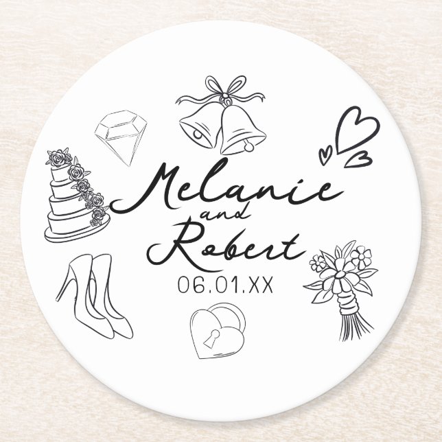 Wedding Doodle Save the Dates Wedding Anniversary  Runder Pappuntersetzer (Vorderseite)