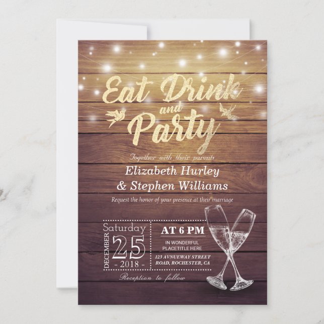 Wedding EAT Drink Party Champagne Glass Wood Light Einladung (Vorderseite)