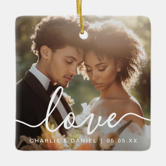 Wedding engagement photo love couples names date keramikornament (Vorderseite)