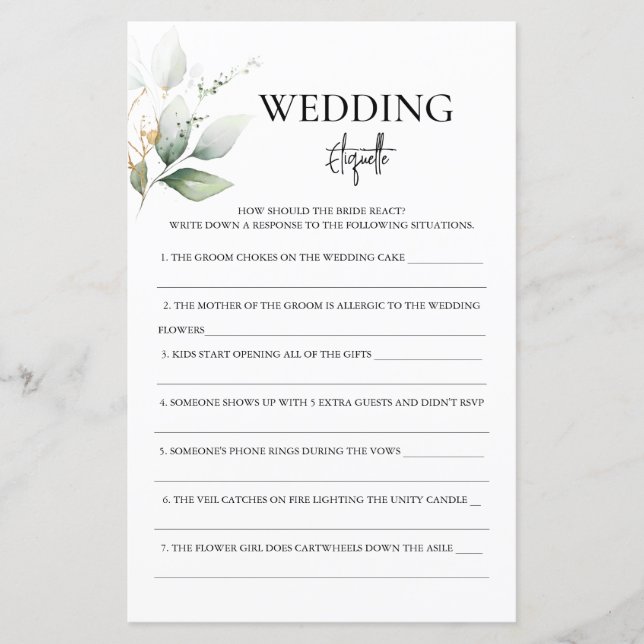 Wedding Etiquette Brautparty Game (Vorderseite)