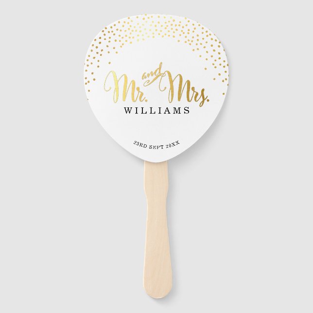 WEDDING FAN Moderne stilvolle Gold Confetti mr & m Fächer (Vorderseite)