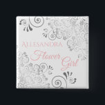 Wedding Flower Girl Name Tag Pink & Gray Frills Button<br><div class="desc">Identify the key players at your bridal shower, wedding or rehearsal dinner with our elegant, Pink & Gray buttons. Designed to coordinate with our Pink & Gray Elegant Wedding Suite, this button feature a Silver gefälfoil flourish on white background with pink text reading flower girl and a place to enter...</div>