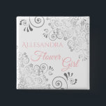 Wedding Flower Girl Name Tag Pink & Gray Frills Button<br><div class="desc">Identify the key players at your bridal shower, wedding or rehearsal dinner with our elegant, Pink & Gray buttons. Designed to coordinate with our Pink & Gray Elegant Wedding Suite, this button feature a Silver gefälfoil flourish on white background with pink text reading flower girl and a place to enter...</div>