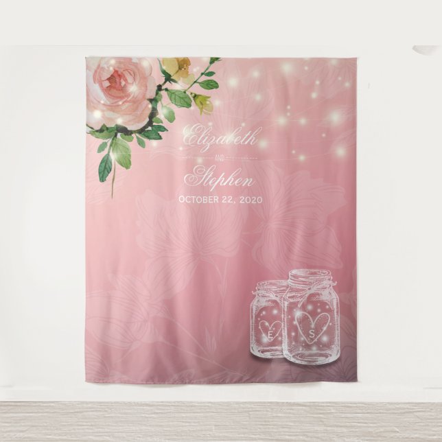 Wedding Foto Booth Backdrop Chic Floral Mason Jar Wandteppich (Vorderseite)