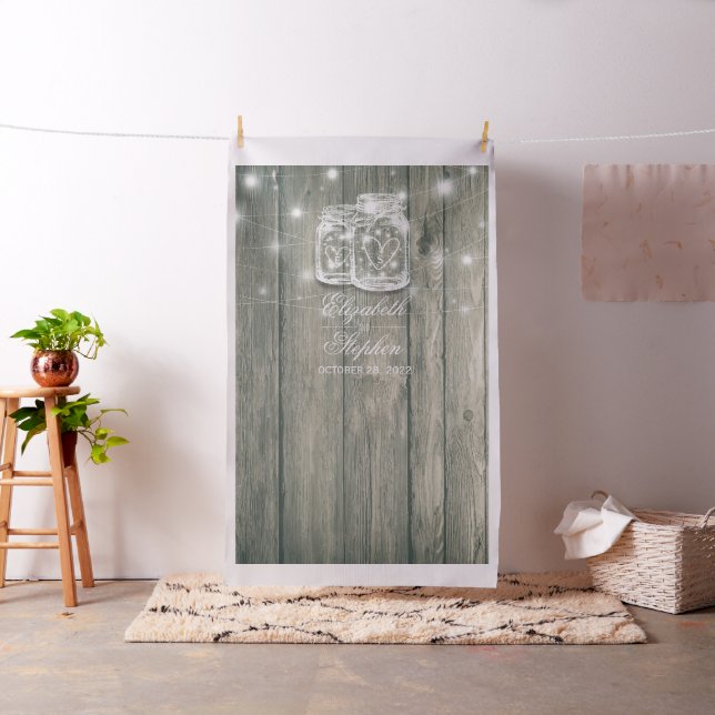 Wedding Foto Booth Backdrop Wood Mason Jar Lights Stoff (Beispiel)