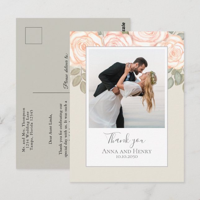 Wedding Foto Elegante Blush Sage Vielen Dank Postkarte (Vorne/Hinten)