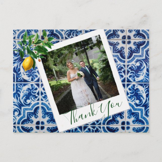 Wedding Foto Lemon Blue Tile Elegant Vielen Dank Postkarte (Vorderseite)