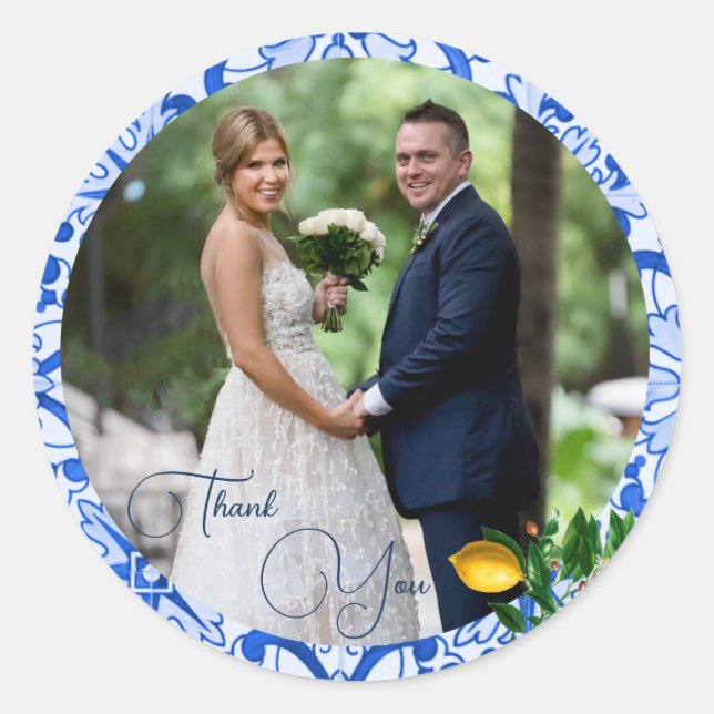 Wedding Foto Lemon Blue Tile Vielen Dank Runder Aufkleber (Vorderseite)