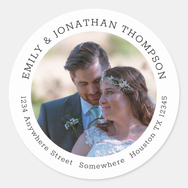 Wedding Foto Newlyweds Rücksendeadresse Runder Aufkleber (Vorderseite)