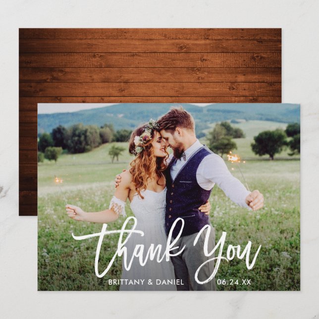 Wedding Foto Pinsel Script Wood Danke Karte (Vorne/Hinten)