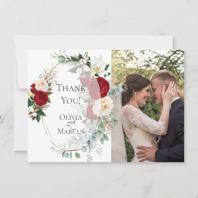 Wedding Foto Vielen Dank | Eleganter Roter Rahmen Dankeskarte (Vorderseite)