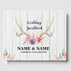 Wedding Gast Book Stag Antler Wood Floral Rustikal Gästebuch
