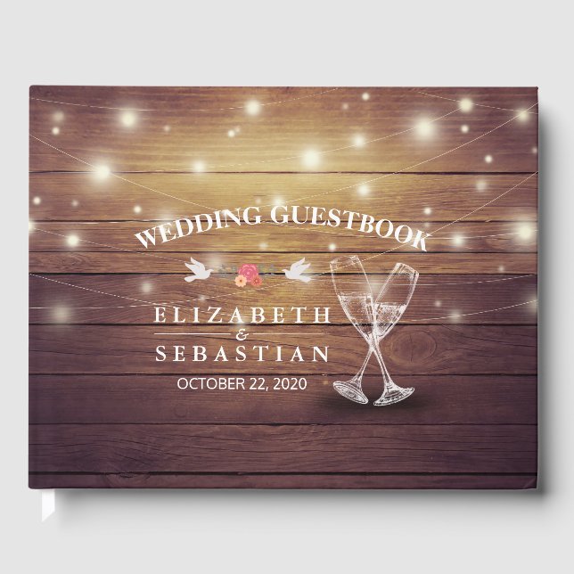 Wedding Gästebuch Champagne Brillen Wood Lights (Vorderseite)