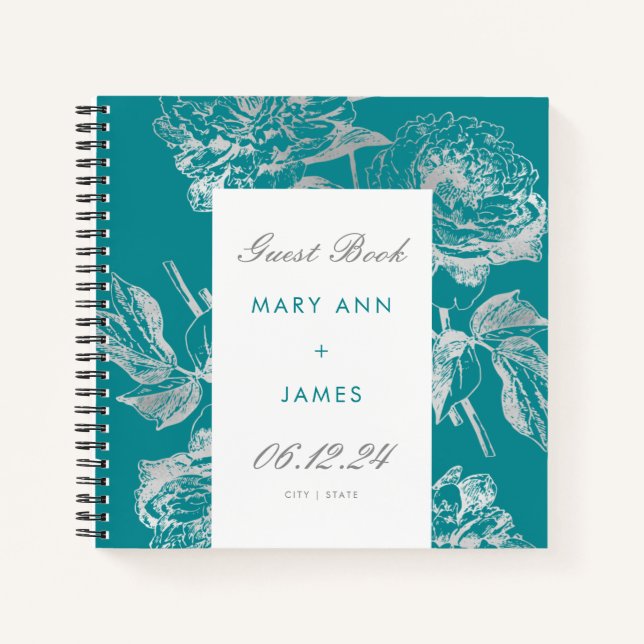 Wedding Gästebuch Simple Floral Silver Aquamarin Notizbuch (Vorderseite)