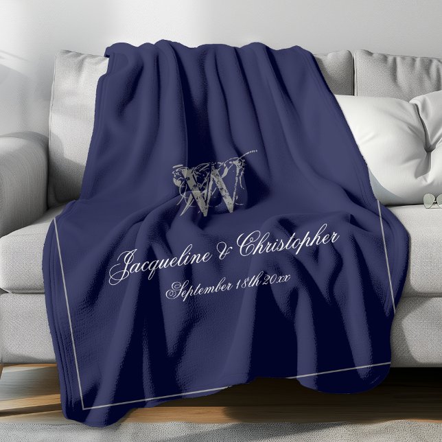 Wedding Gift Monogram Script Newlywed Keepake Fleecedecke (Elegant gray monogram with white font names and gray border against navy background fleece blanket.)