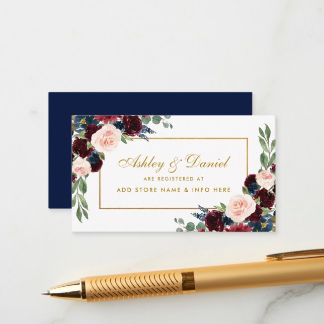 Wedding Gold Burgundy Blue Registrierungseingabeka Begleitkarte (Vorderseite/Rückseite Beispiel)