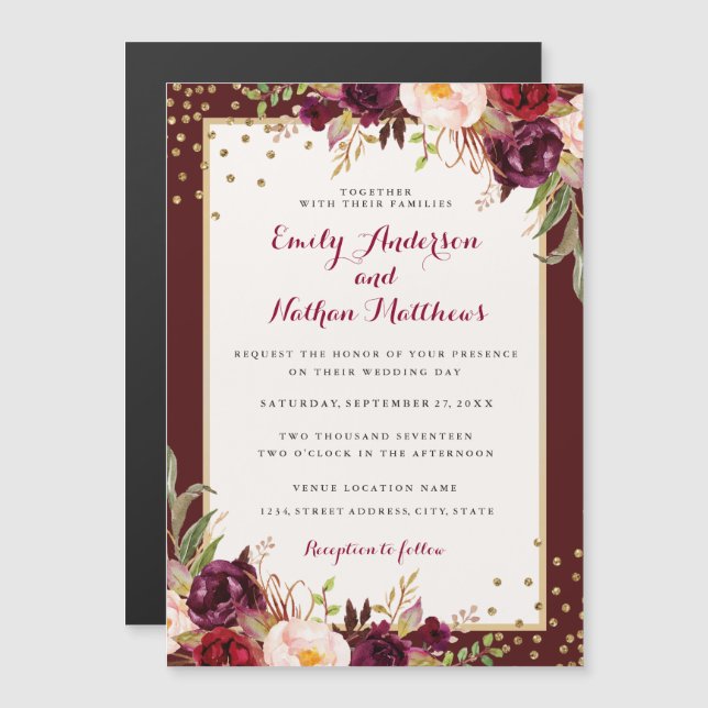 Wedding Gold Confetti Floral Magneteinladung (Vorne/Hinten)