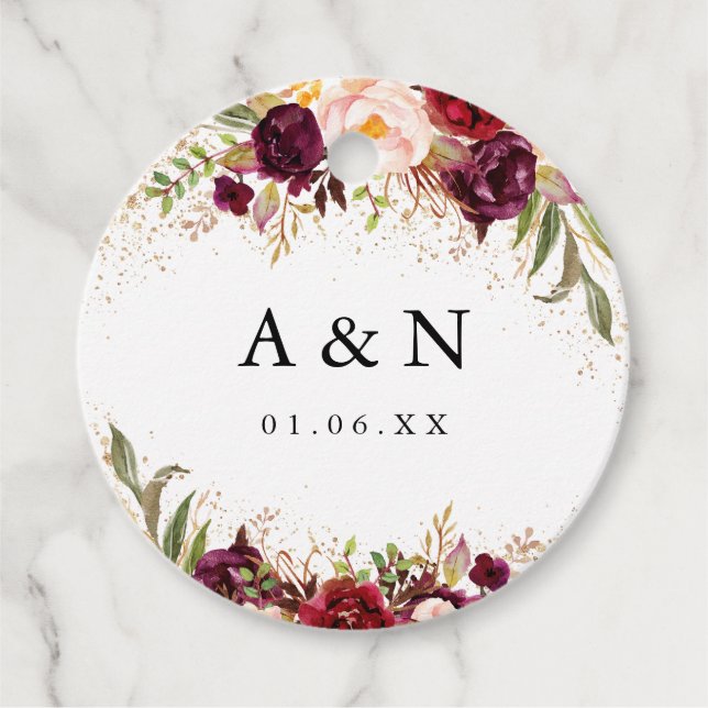 Wedding Gold Dust Burgundy Floral Geschenkanhänger (Vorderseite)