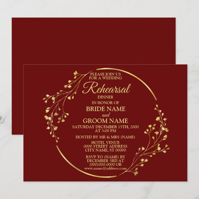Wedding Gold Floral Wreath Red Rehearsal Dinner Einladung (Vorne/Hinten)