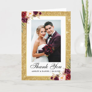 Wedding Gold Glitzer Burgundy Floral Foto Falten Dankeskarte