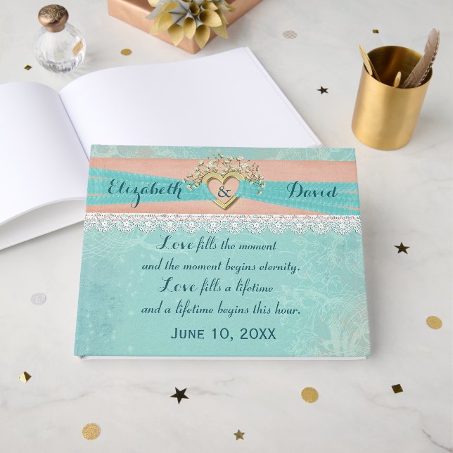 Wedding Gold Heart and Ribbon Gästebuch (Vorderseite Offen)