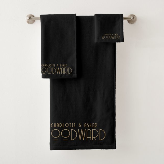 Wedding Gold Monogram Newlyweds Black Badhandtuch Set (Insitu)