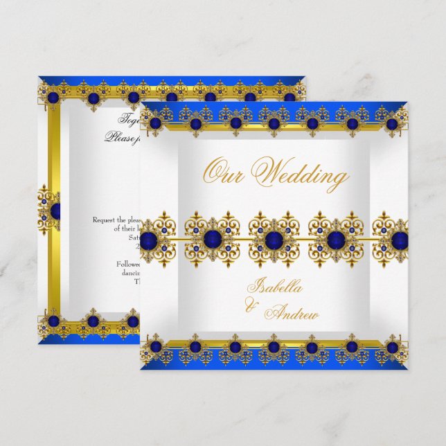 Wedding Gold Royal Blue Gem White Einladung (Vorne/Hinten)