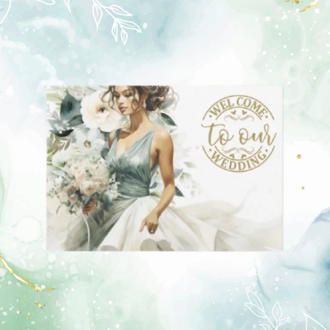 Wedding Gold Welcome Dusty Blue Eucalyptus Green Begleitkarte (Welcome guests in style with our Wedding Gold Welcome Dusty Blue Eucalyptus Green Enclosure Card. )