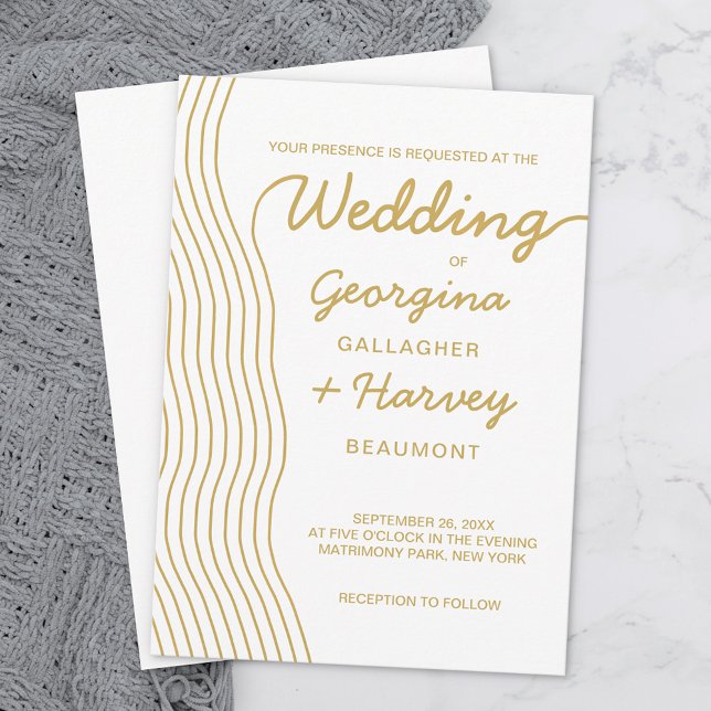 Wedding Gold White Wavy Lines Elegant Minimalistis Einladung (Von Creator hochgeladen)