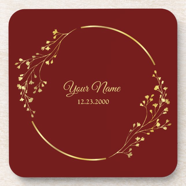 Wedding Golden Floral Geometric Wreath Red Party Getränkeuntersetzer (Vorderseite)