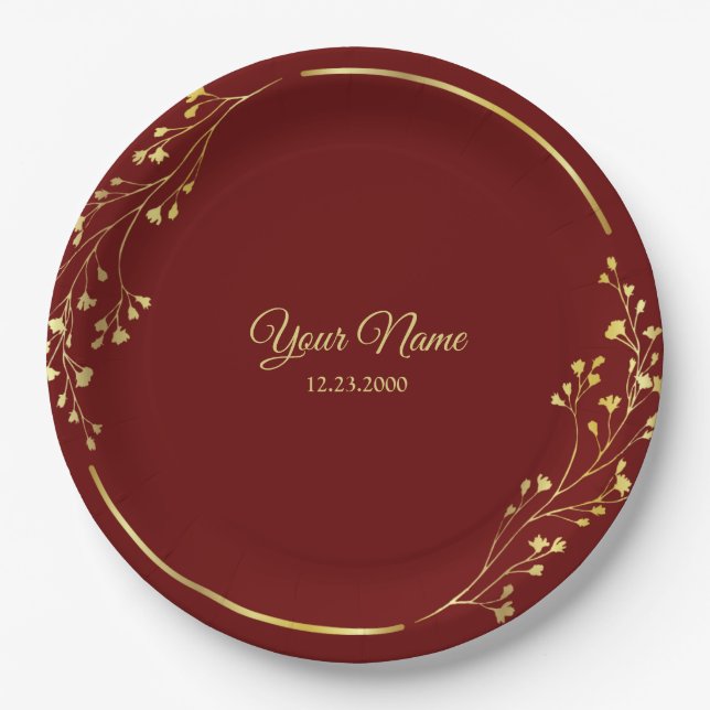 Wedding Golden Floral Geometric Wreath Red Party Pappteller (Vorderseite)
