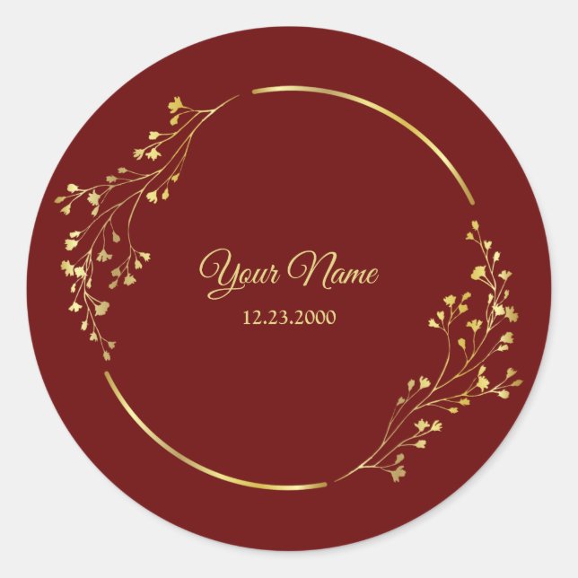 Wedding Golden Floral Geometric Wreath Red Party  Runder Aufkleber (Vorderseite)
