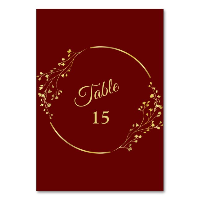 Wedding Golden Floral Geometric Wreath Red Party Tischnummer (Vorderseite)