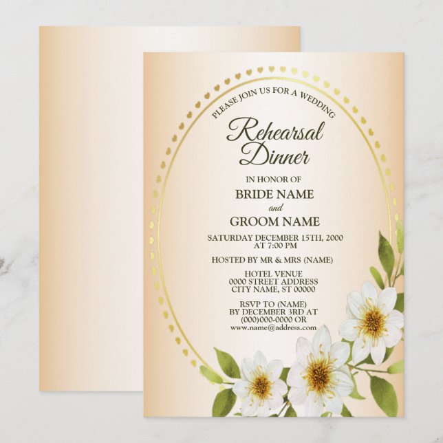 Wedding Golden White Floral Peach Rehearsal Dinner Einladung (Vorne/Hinten)