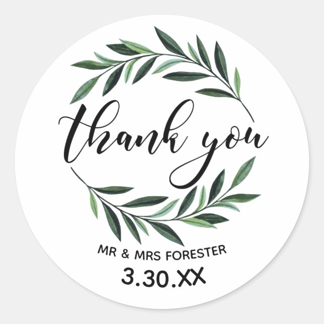Wedding Greenery Kreath Vielen Dank Runder Aufkleber (Vorderseite)