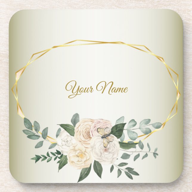 Wedding Greenery Leaves Pink Floral Gold Geometric Getränkeuntersetzer (Vorderseite)