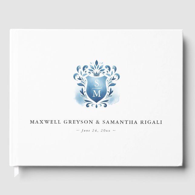 Wedding Guest Book Blue Mit Monogramm Wappen Gästebuch (Vorderseite)