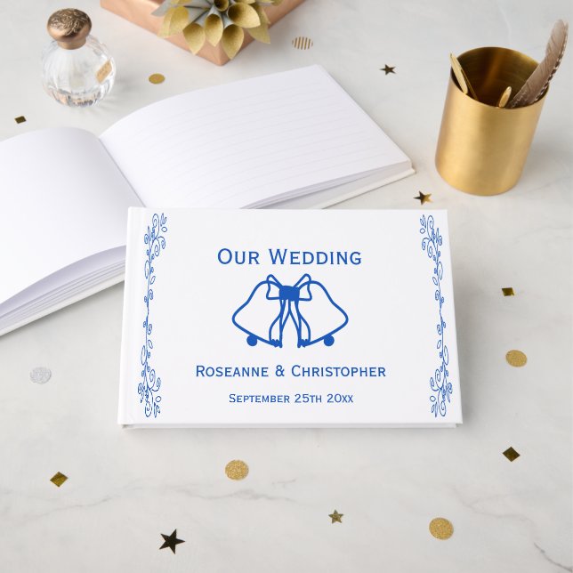 Wedding Guest Book Blue Sapphire Bells Scrollwork Gästebuch (Vorderseite Offen)