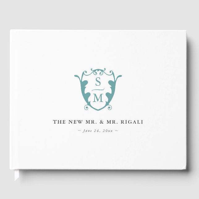 Wedding Guest Book Custom Monogram Crest Turquoise Gästebuch (Vorderseite)