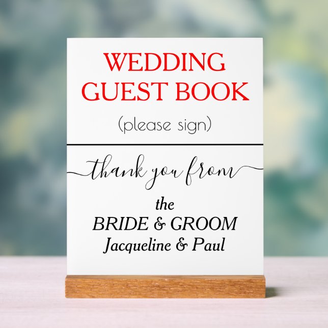 Wedding Guest Book NAMES White Red Acrylschild (Neutral)