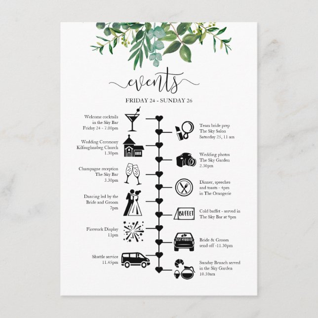 Wedding Guest Itinerary Greenery Illustriert Hinweiskarte (Vorderseite)