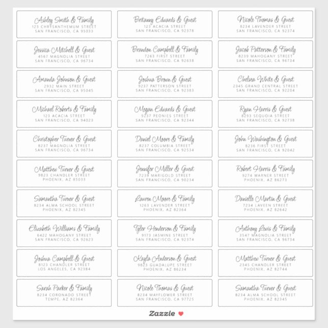 Wedding Guest Names Address Chic Modern Simple Aufkleber (Blatt)