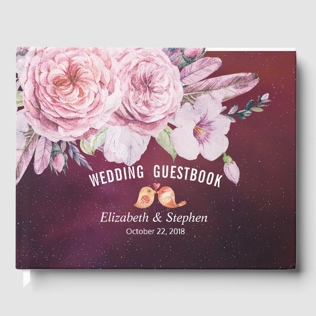 Wedding Guestbook Boho Floral Feather Burgundy Red Gästebuch (Vorderseite)